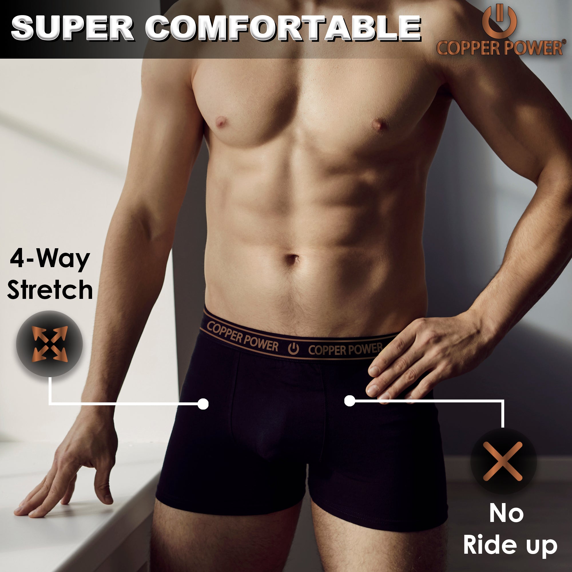 Copper Power Essential Cotton Men’s Boxer Brief – 6 Pc Pack, Men’s Underwear Boxer Briefs, Soft & Comfortable Waistband, Anti-Chafing